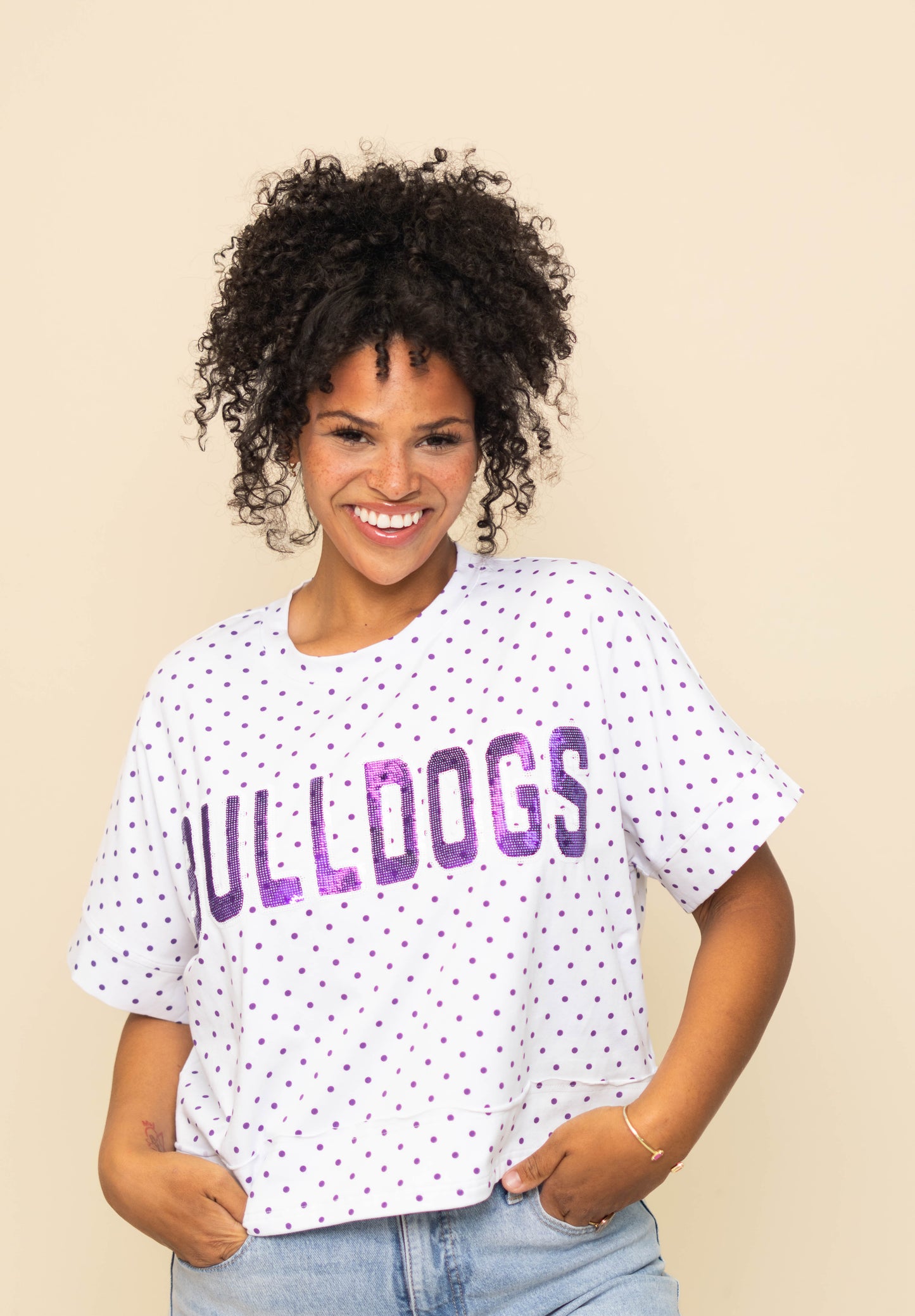 **PRE-ORDER ONLY** Bulldogs | Polka Dot Exposed Seam Crop Shirt (Purple Polka Dot)