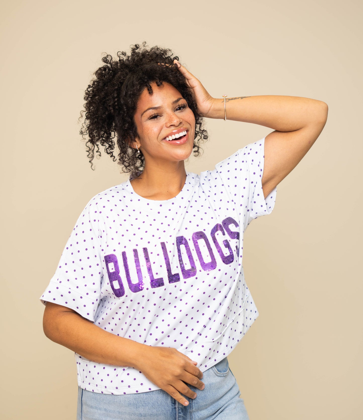 **PRE-ORDER ONLY** Bulldogs | Polka Dot Exposed Seam Crop Shirt (Purple Polka Dot)