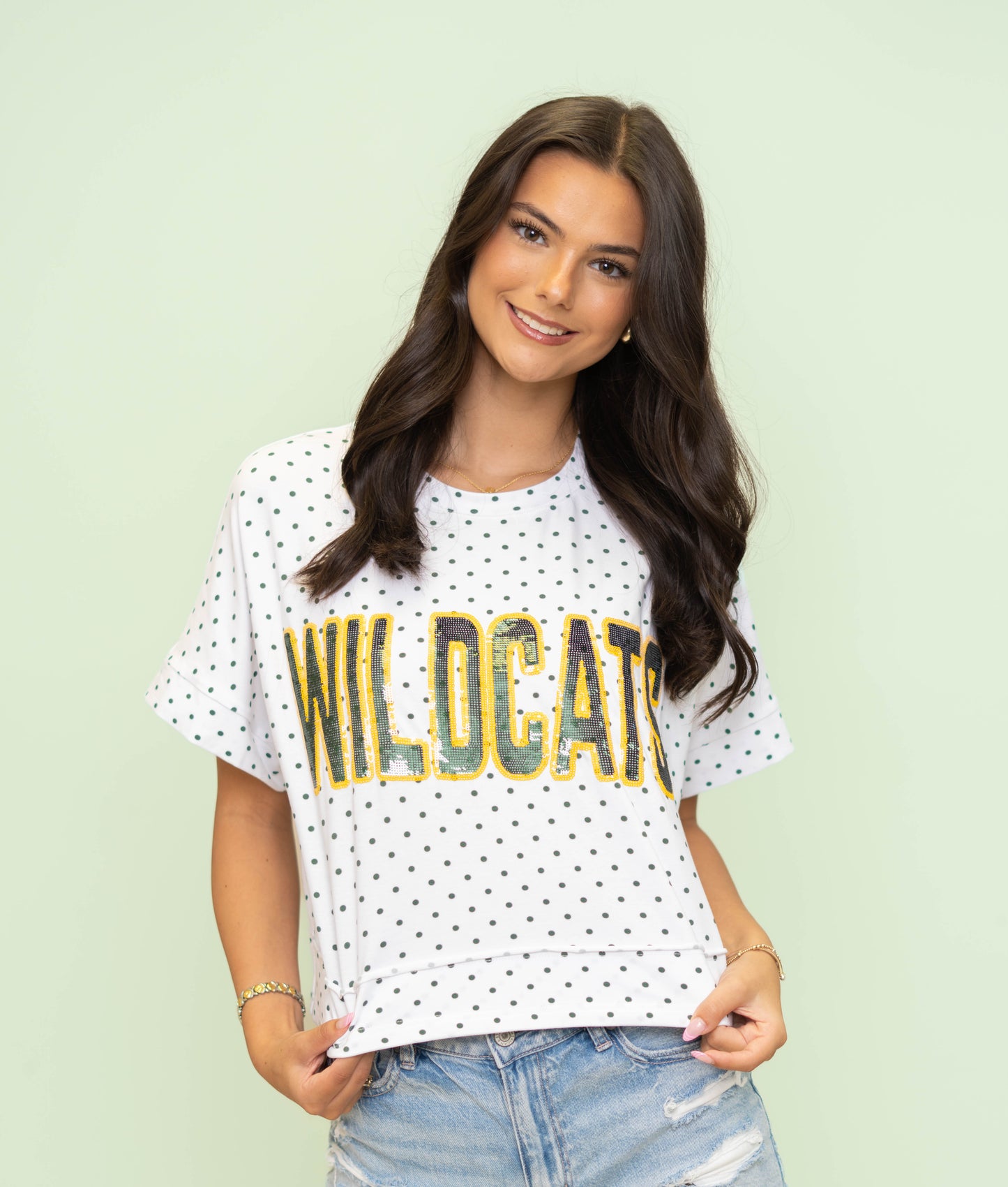 Wildcats | Polka Dot Exposed Seam Crop Shirt (Green Polka Dot)