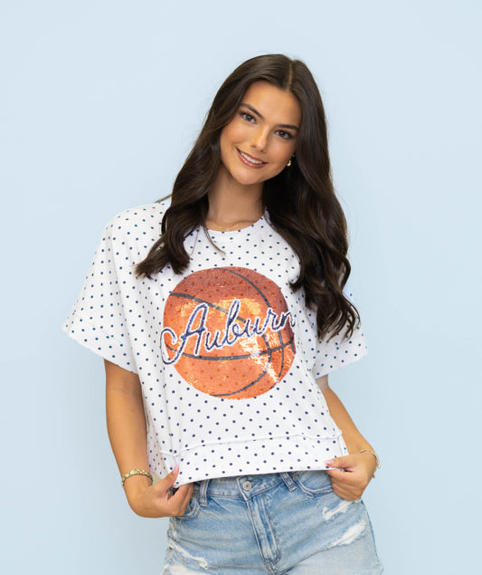**PRE-ORDER ONLY** Wholesale | Auburn Basketball (Licensed) | Polka Dot Exposed Seam Crop (Navy Polka Dot)