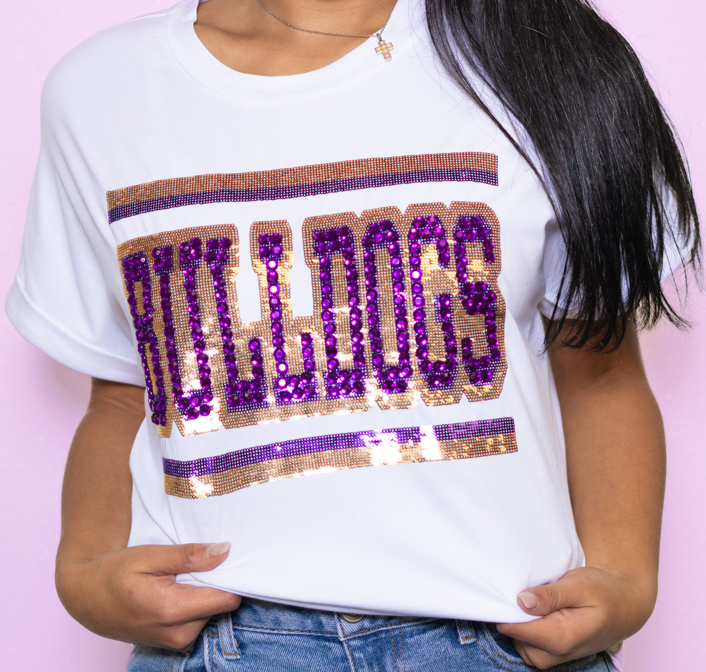 **PRE-ORDER ONLY** Jeweled Bulldogs | Women's Sequin + Jewel Design Cuff Sleeve Tee (White)