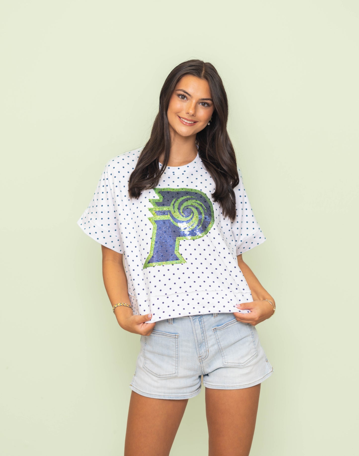 **PRE-ORDER ONLY** PVHS Hurricanes | Polka Dot Exposed Seam Crop Shirt (Navy Polka Dot)