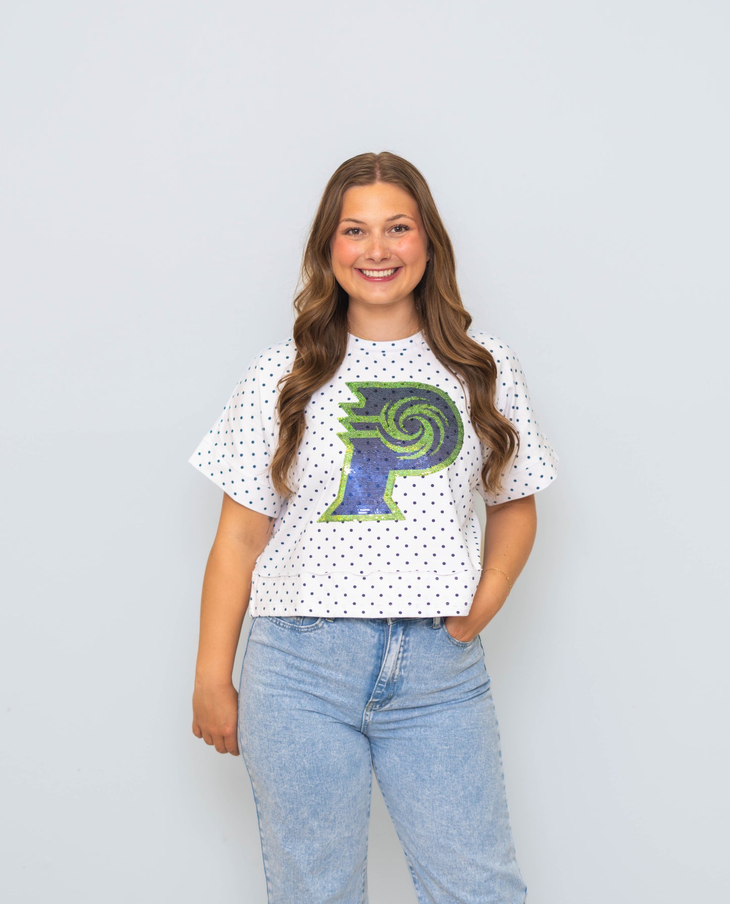 **PRE-ORDER ONLY** PVHS Hurricanes | Polka Dot Exposed Seam Crop Shirt (Navy Polka Dot)
