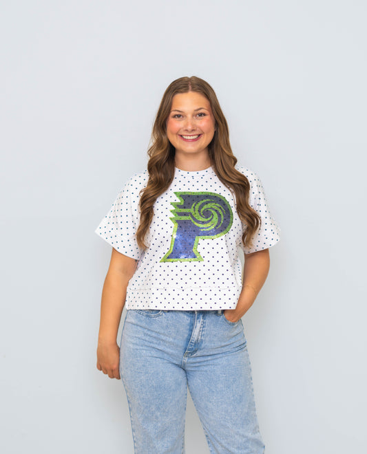 **PRE-ORDER ONLY** PVHS Hurricanes | Polka Dot Exposed Seam Crop Shirt (Navy Polka Dot)