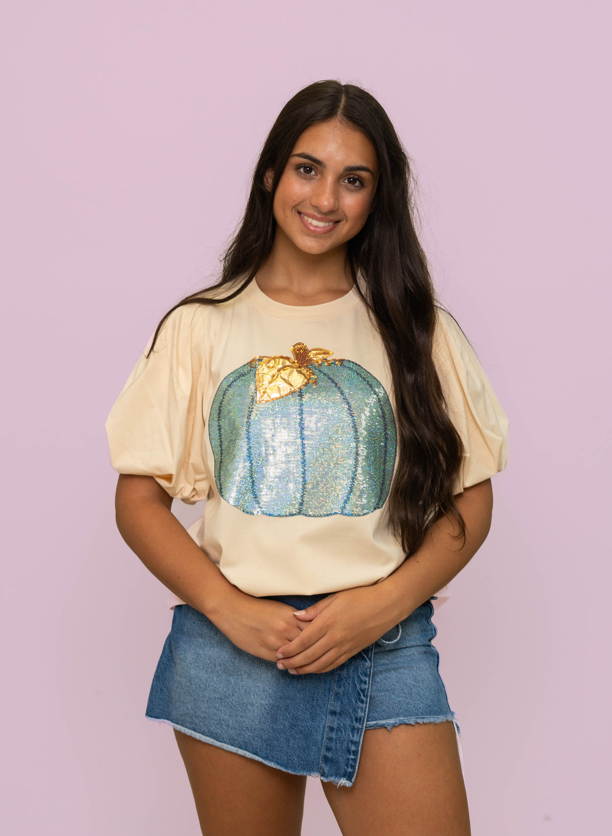Pretty Pumpkin | Women's Sequin Design Puff Sleeve Tee (Cream)