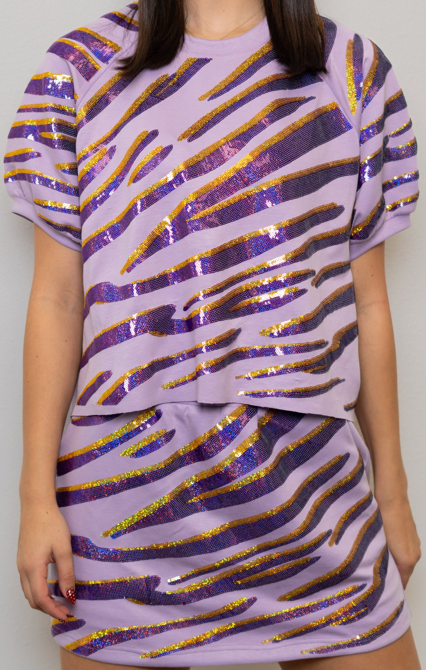 **PRE-ORDER ONLY** Wholesale | Sequin Tiger Stripe Top + Matching Skirt Set (Lavender)