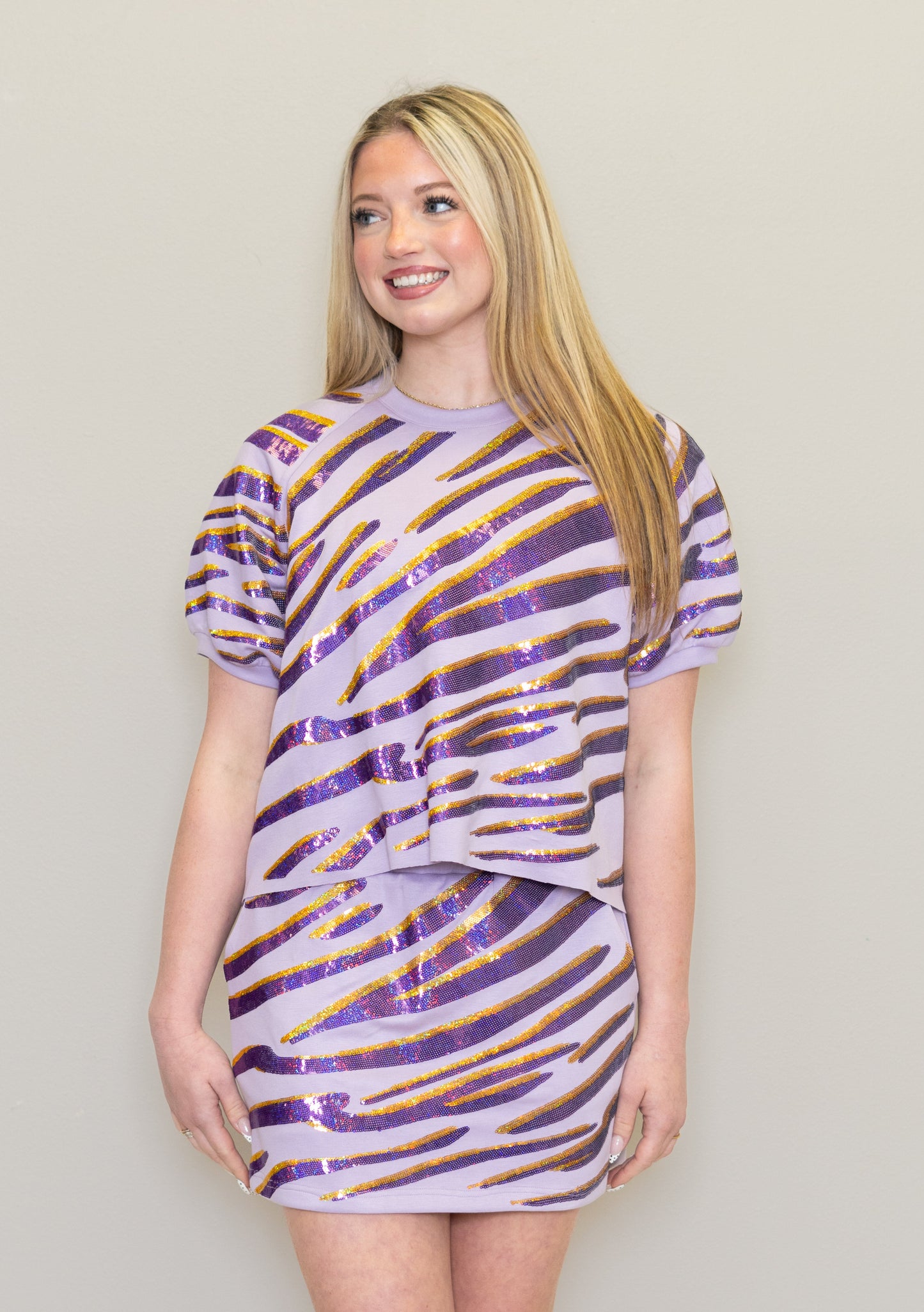 **PRE-ORDER ONLY** Wholesale | Sequin Tiger Stripe Top + Matching Skirt Set (Lavender)