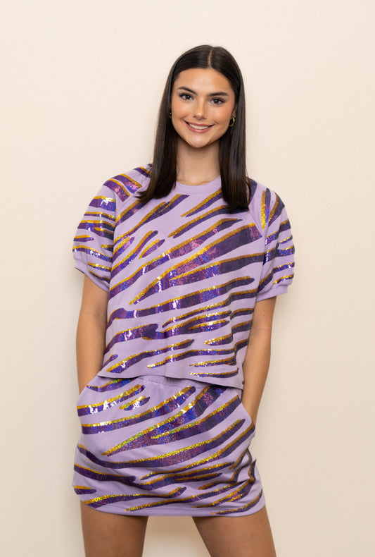 **PRE-ORDER ONLY** Wholesale | Sequin Tiger Stripe Top + Matching Skirt Set (Lavender)
