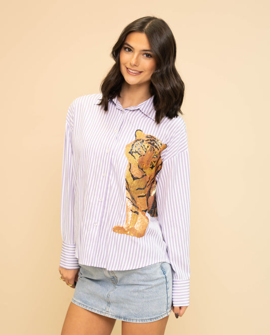 Women's Purple Striped Button Down Sequin Tiger Shirt