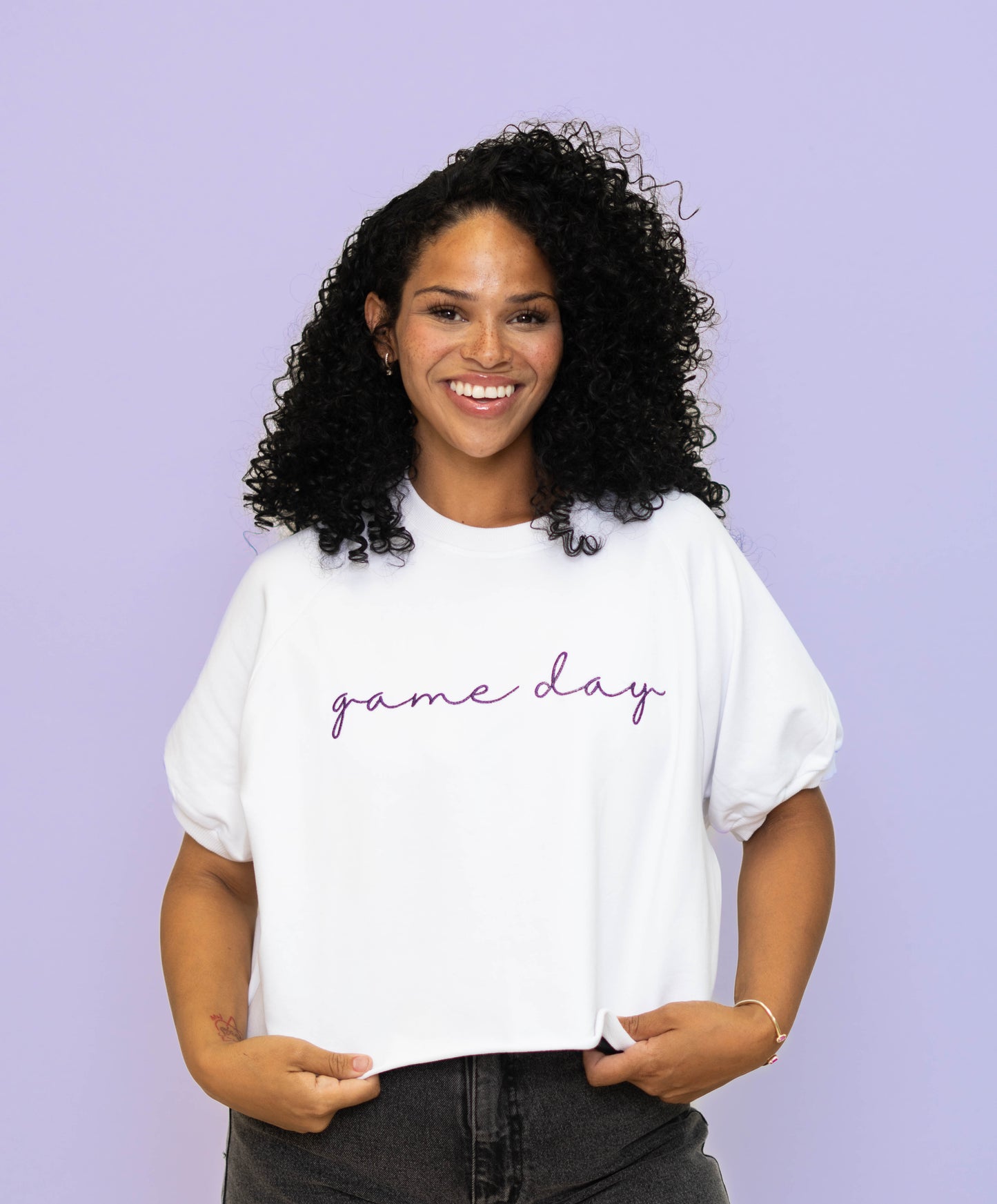 **PRE-ORDER ONLY** Wholesale | Game Day Purple | Women's Embroidered Design Top (White)