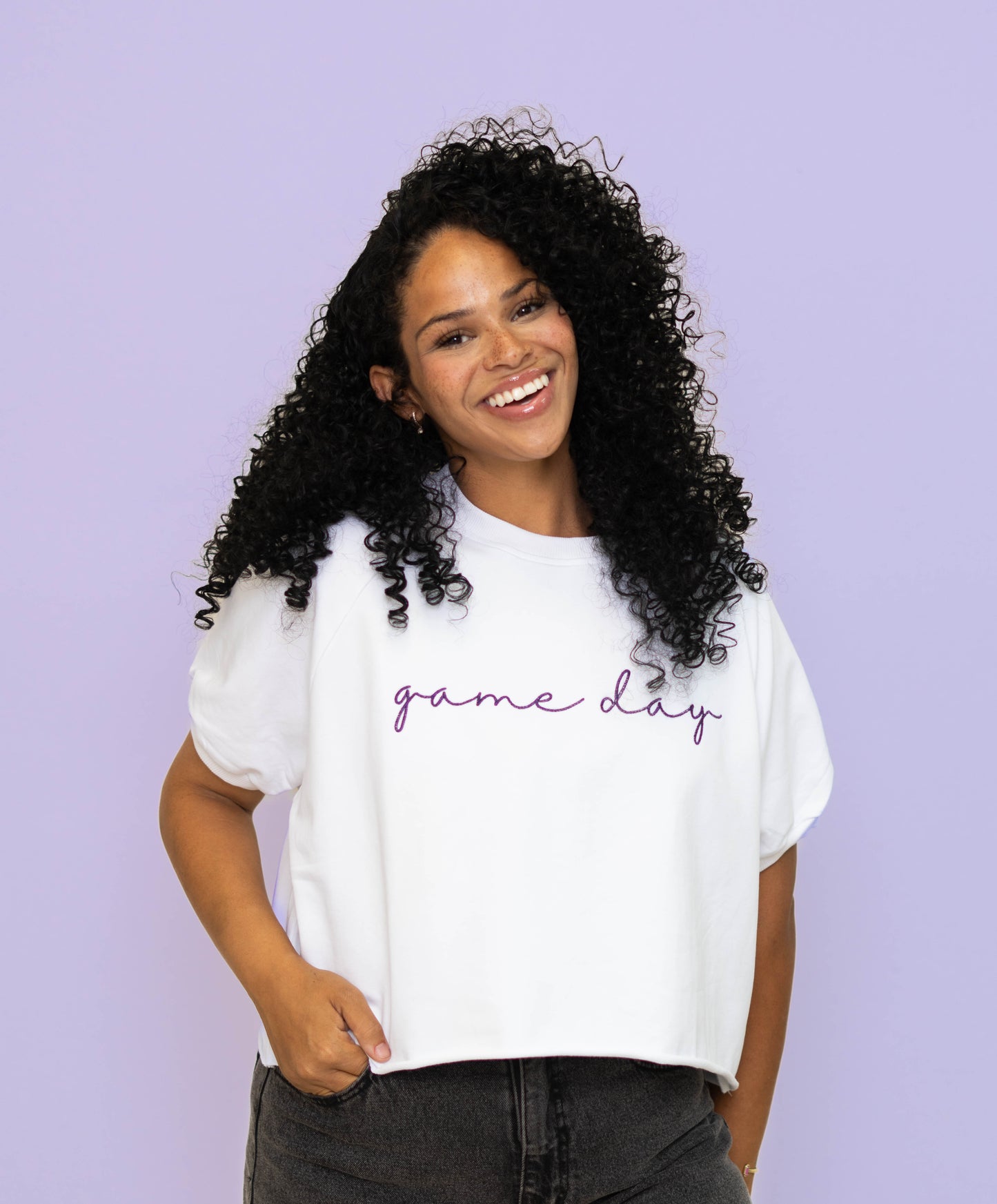**PRE-ORDER ONLY** Wholesale | Game Day Purple | Women's Embroidered Design Top (White)