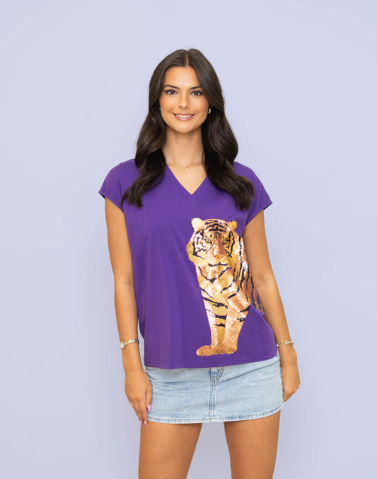 Wrap-Around Tiger | Women's Wide Shoulder Sequin Design V-Neck Tee (Purple)