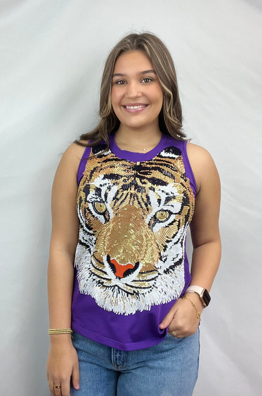 Tiger Face | Women's Sequin Design Tank (Purple)