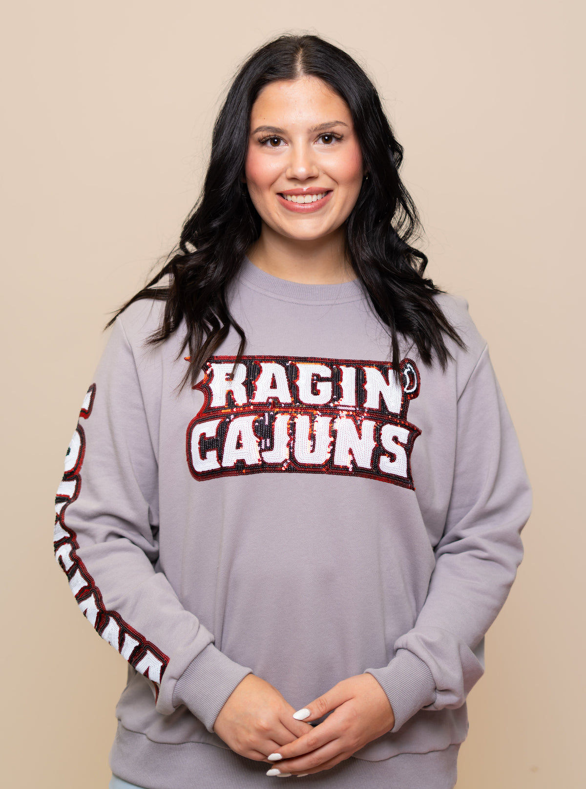 University of Louisiana Lafayette Rajun Cajuns (LICENSED) | Women's Sequin Design Sweatshirt ( Gray)