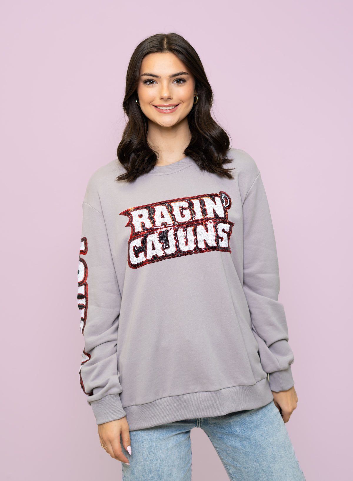 University of Louisiana Lafayette Rajun Cajuns (LICENSED) | Women's Sequin Design Sweatshirt ( Gray)