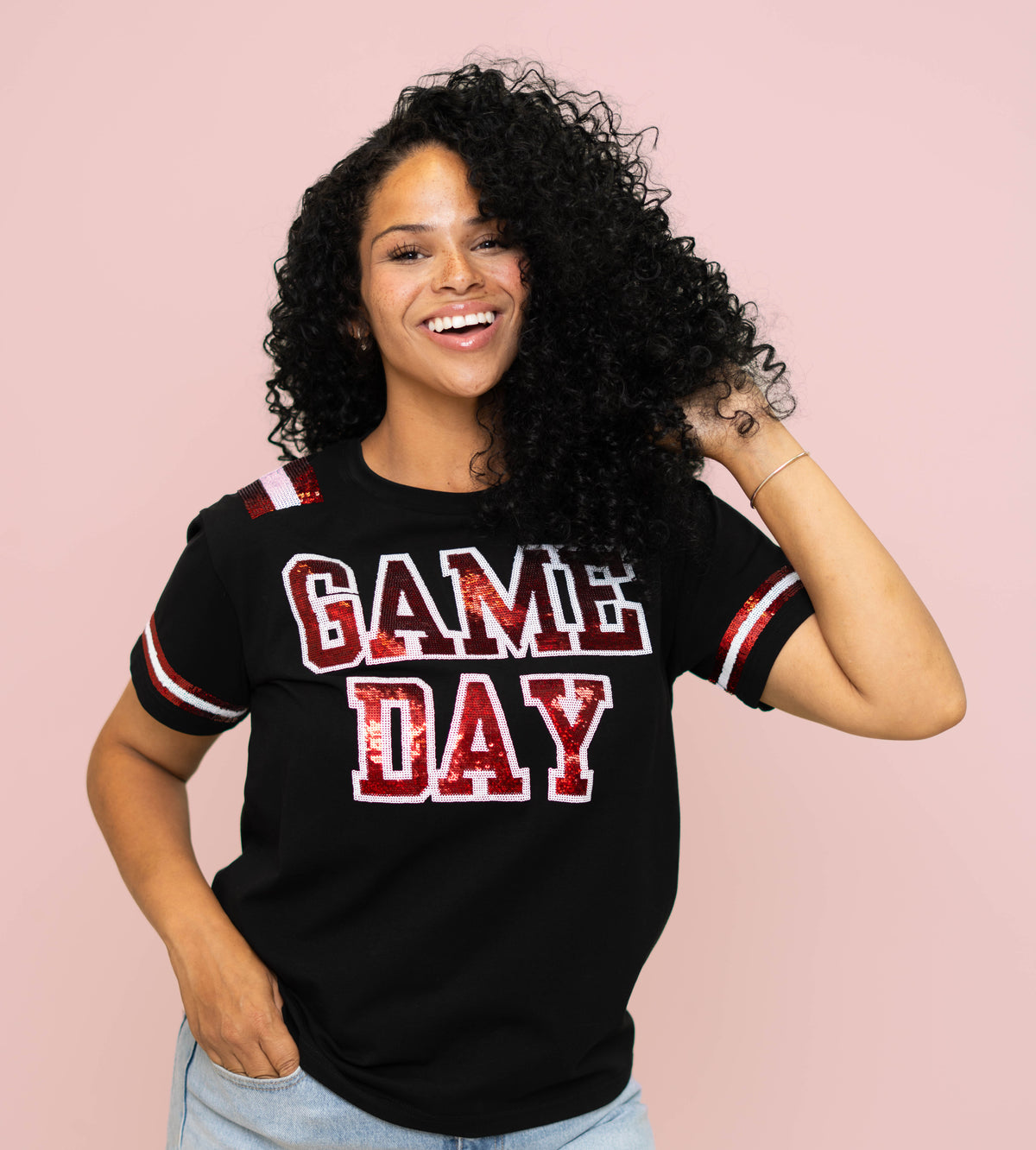 Game Day Red | Women's Sequin Design Tee (Black)
