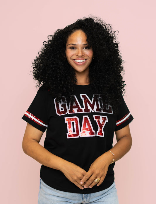 Game Day Red | Women's Sequin Design Tee (Black)