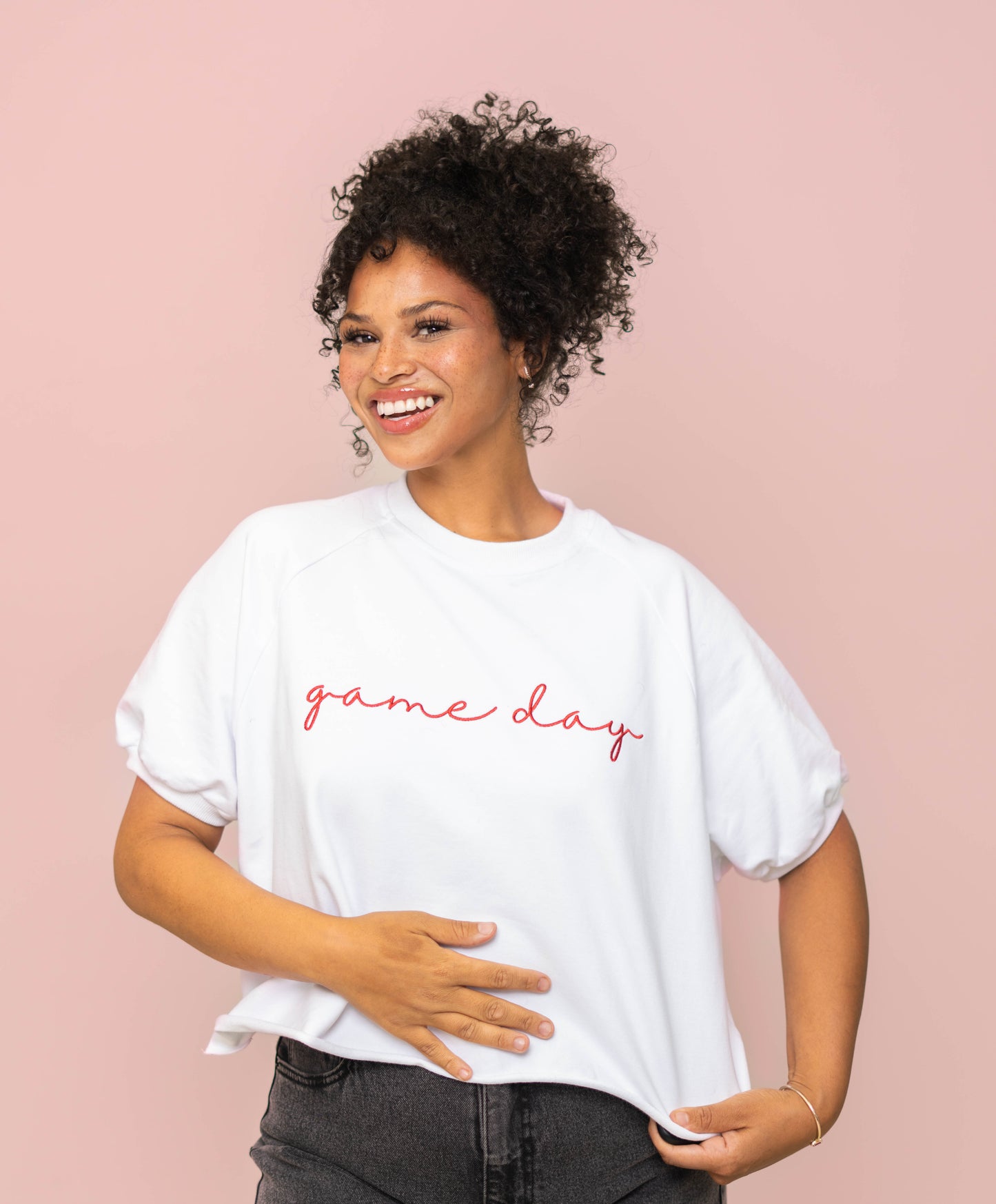 **PRE-ORDER ONLY** Wholesale | Game Day Red | Women's Embroidered Design Top (White)