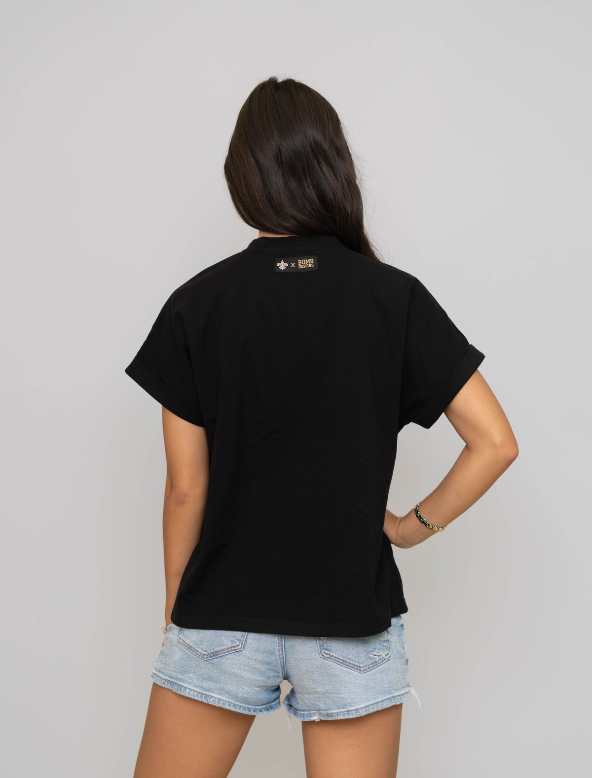New Orleans Saints (Licensed) | Sir Saint | Women's Sequin Design Cuff Sleeve Tee (Black)