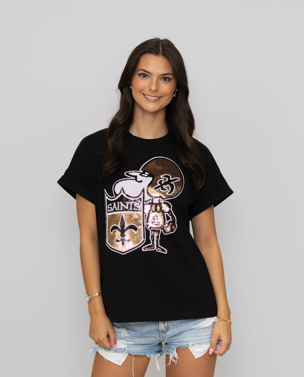 New Orleans Saints (Licensed) | Sir Saint | Women's Sequin Design Cuff Sleeve Tee (Black)