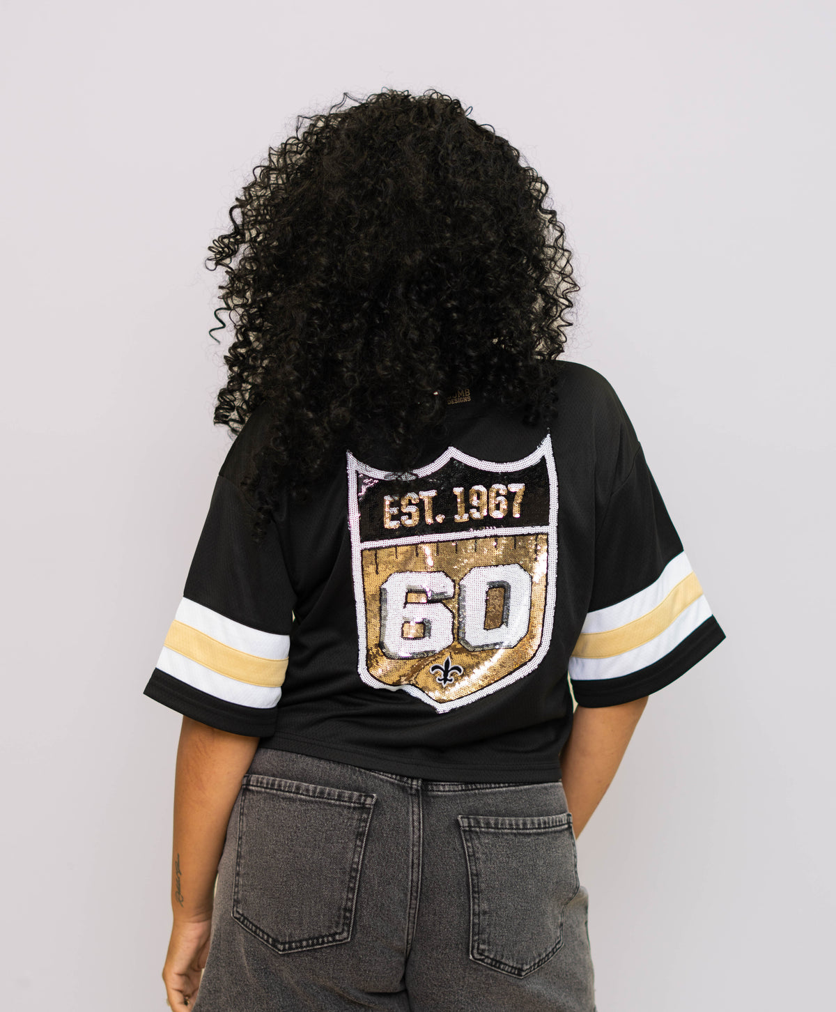 New Orleans Saints (Licensed) | 60th Anniversary | Women's Sequin Design Cropped Fashion Top (Black)