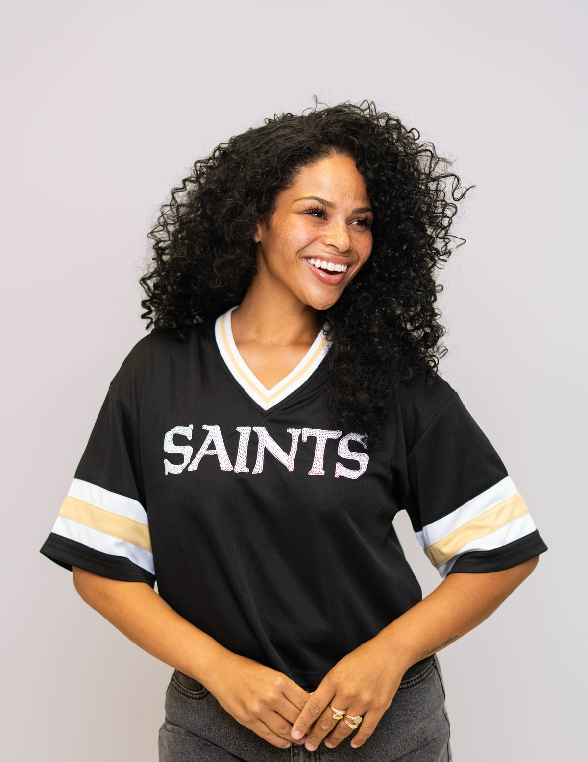 New Orleans Saints (Licensed) | 60th Anniversary | Women's Sequin Design Cropped Fashion Top (Black)