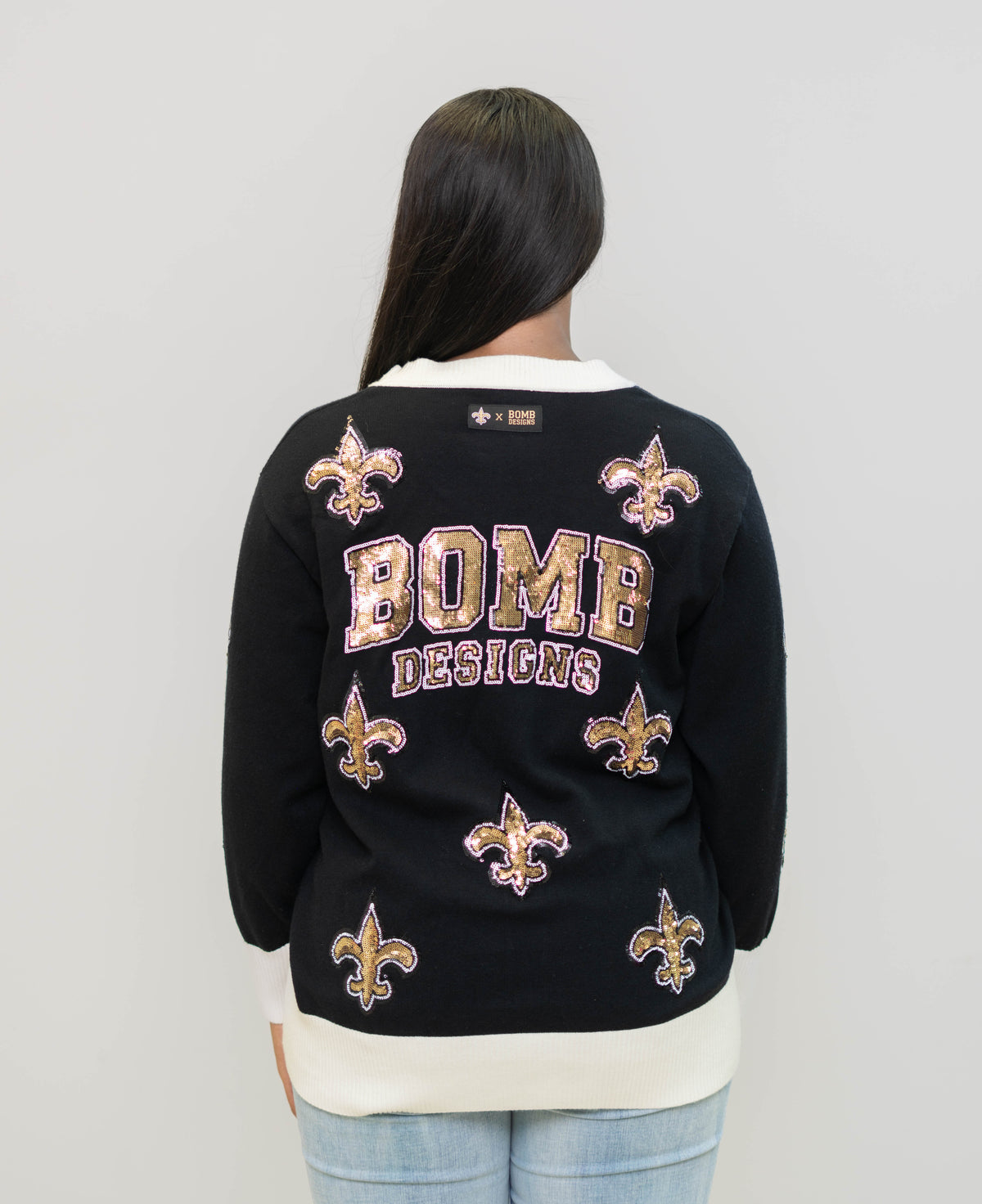 New Orleans Saints (Licensed) | Scattered Fleur De Lis | Women's Sequin Design Cardigan (Black)