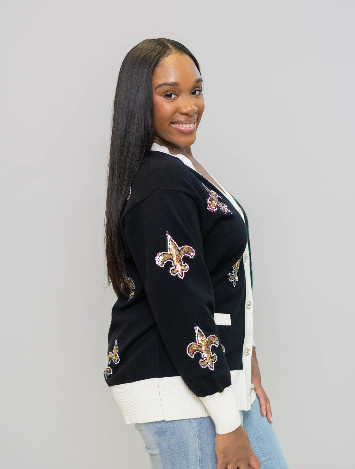 New Orleans Saints (Licensed) | Scattered Fleur De Lis | Women's Sequin Design Cardigan (Black)