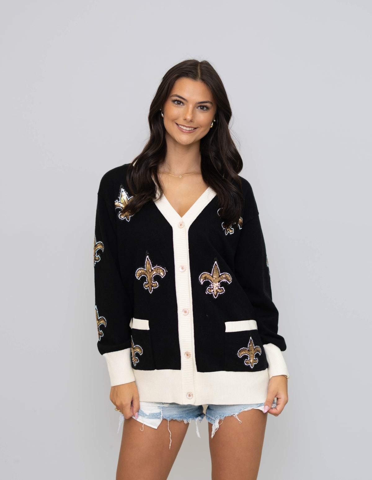 New Orleans Saints (Licensed) | Scattered Fleur De Lis | Women's Sequin Design Cardigan (Black)