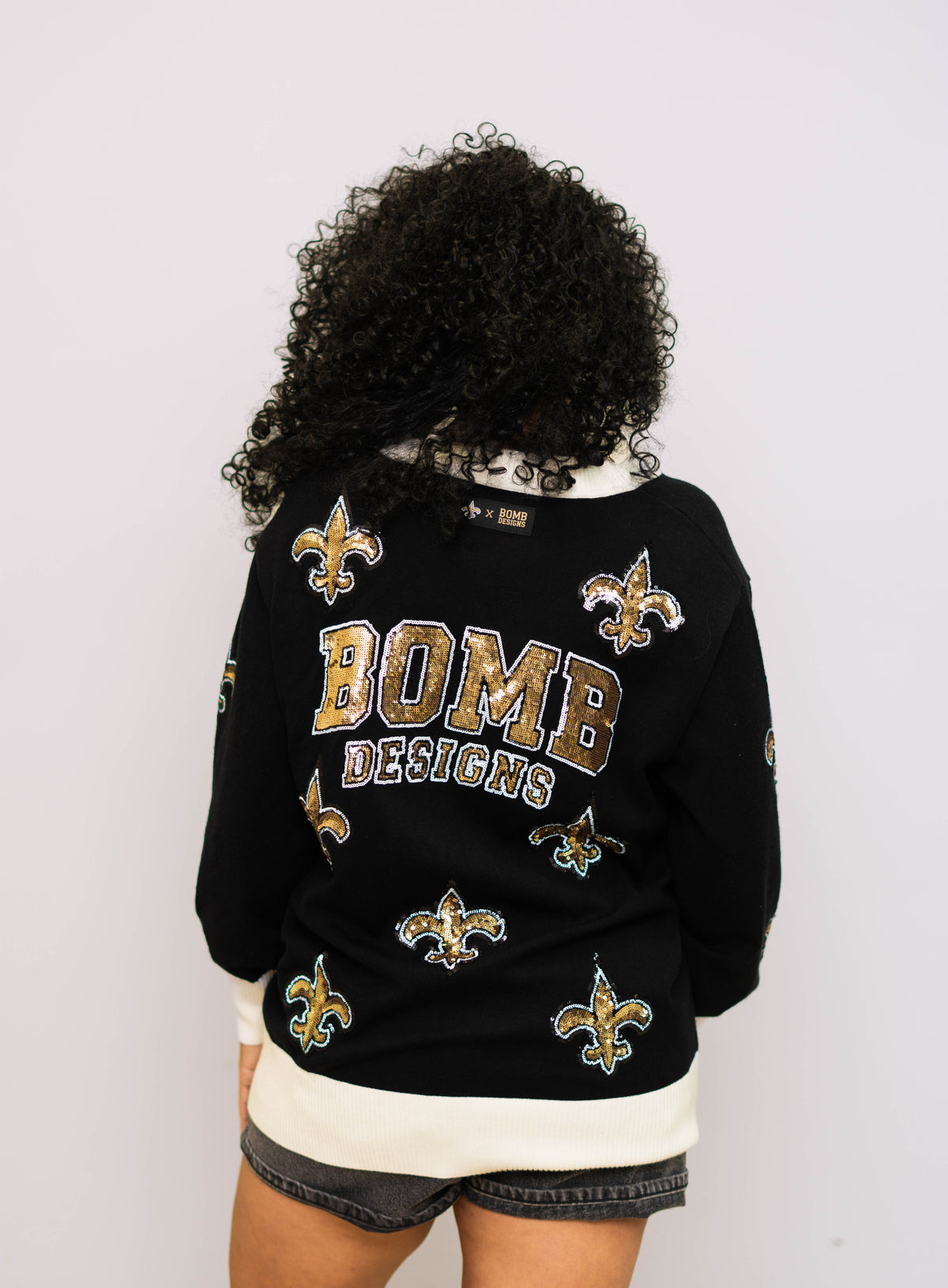 New Orleans Saints (Licensed) | Scattered Fleur De Lis | Women's Sequin Design Cardigan (Black)