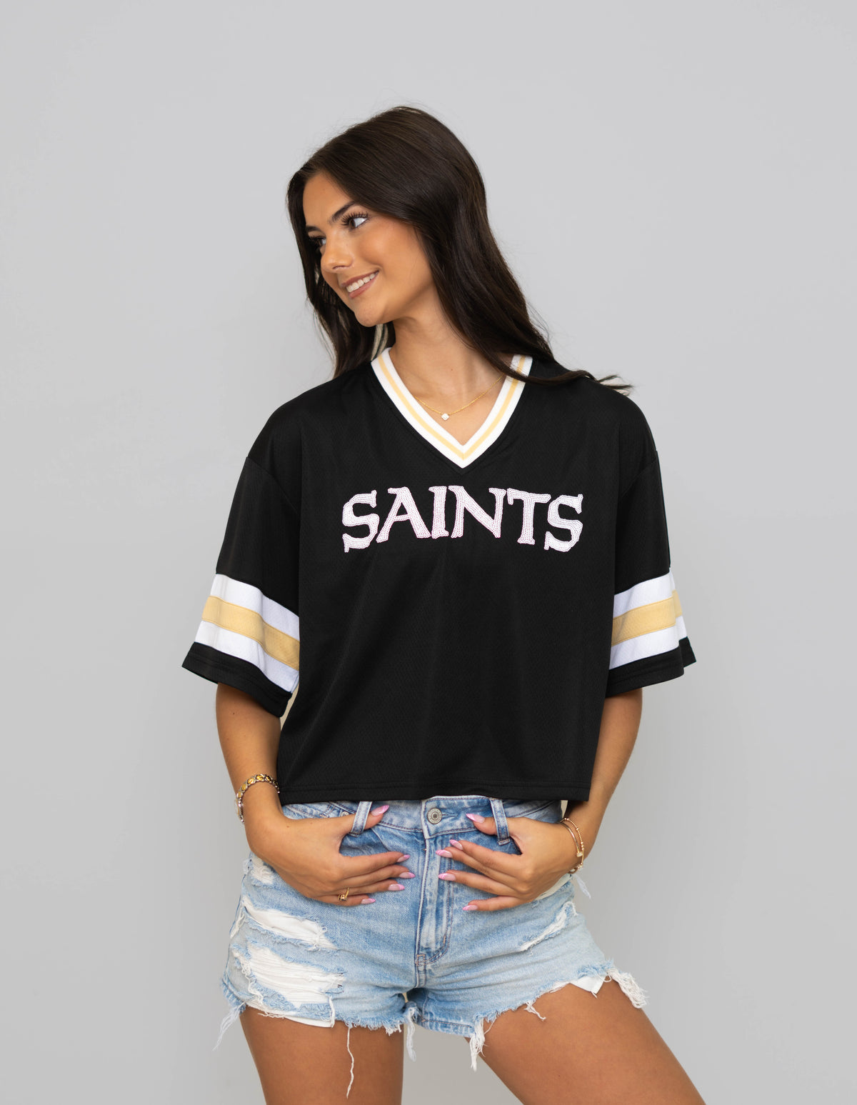 New Orleans Saints (Licensed) | 60th Anniversary | Women's Sequin Design Cropped Fashion Top (Black)