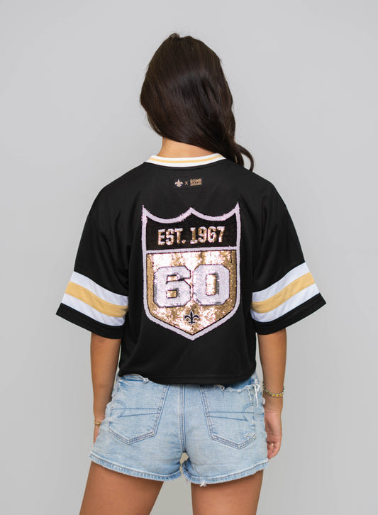 New Orleans Saints (Licensed) | 60th Anniversary | Women's Sequin Design Cropped Fashion Top (Black)