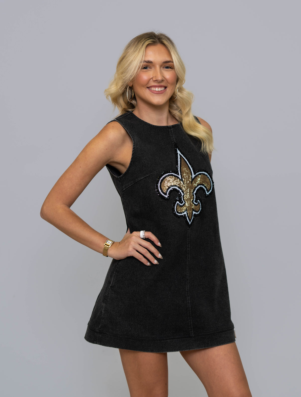 New Orleans Saints (Licensed) | Fleur De Lis | Women's Sequin + Jeweled Washed Denim Dress (Black)