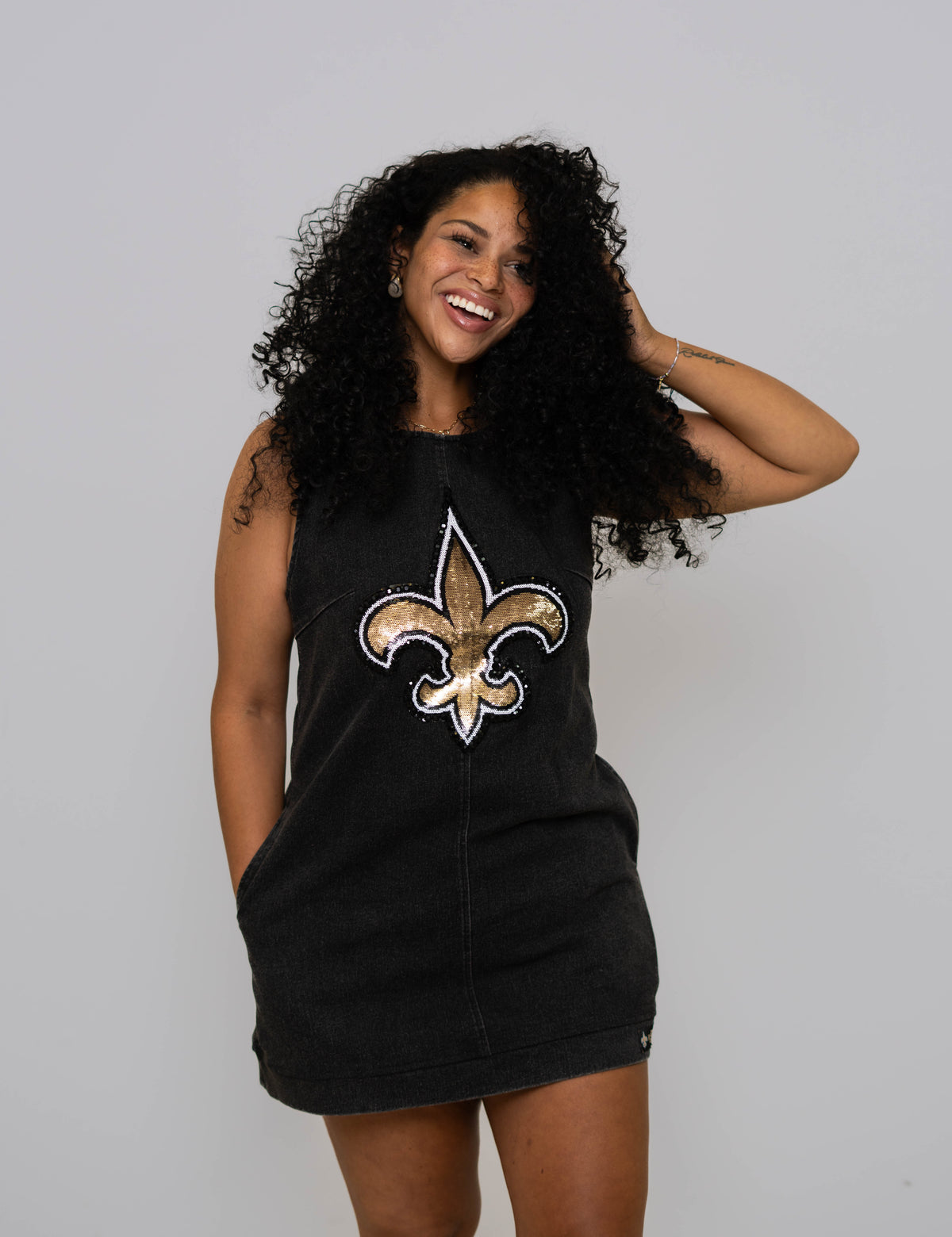 New Orleans Saints (Licensed) | Fleur De Lis | Women's Sequin + Jeweled Washed Denim Dress (Black)