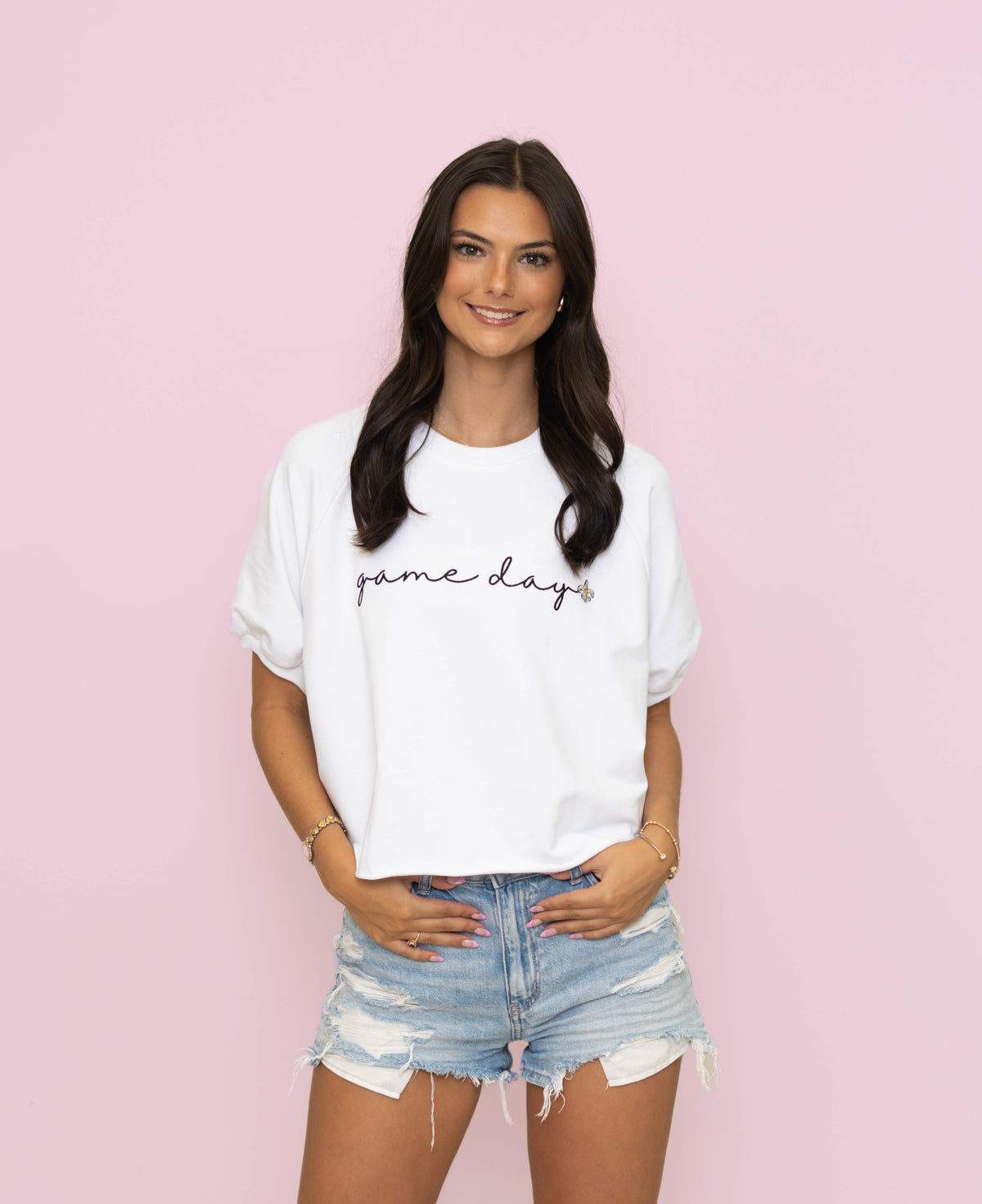 New Orleans Saints (Licensed) | Game Day Fleur De Lis | Women's Embroidered Top (White)