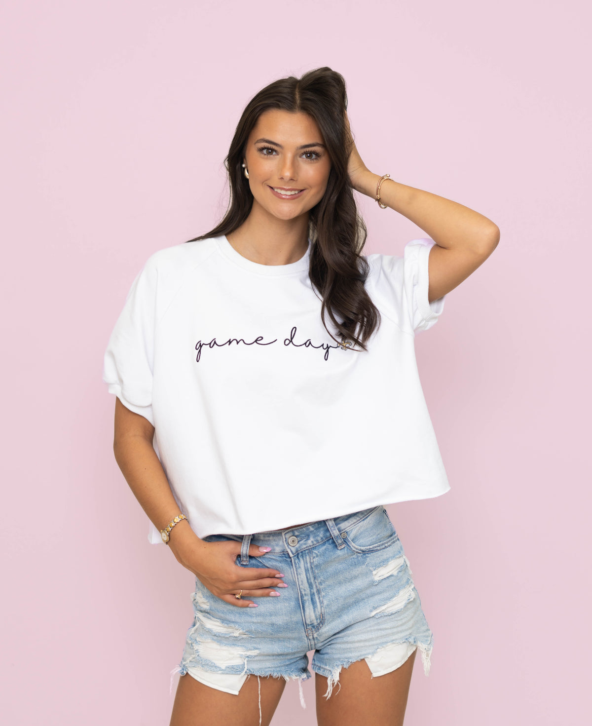New Orleans Saints (Licensed) | Game Day Fleur De Lis | Women's Embroidered Top (White)