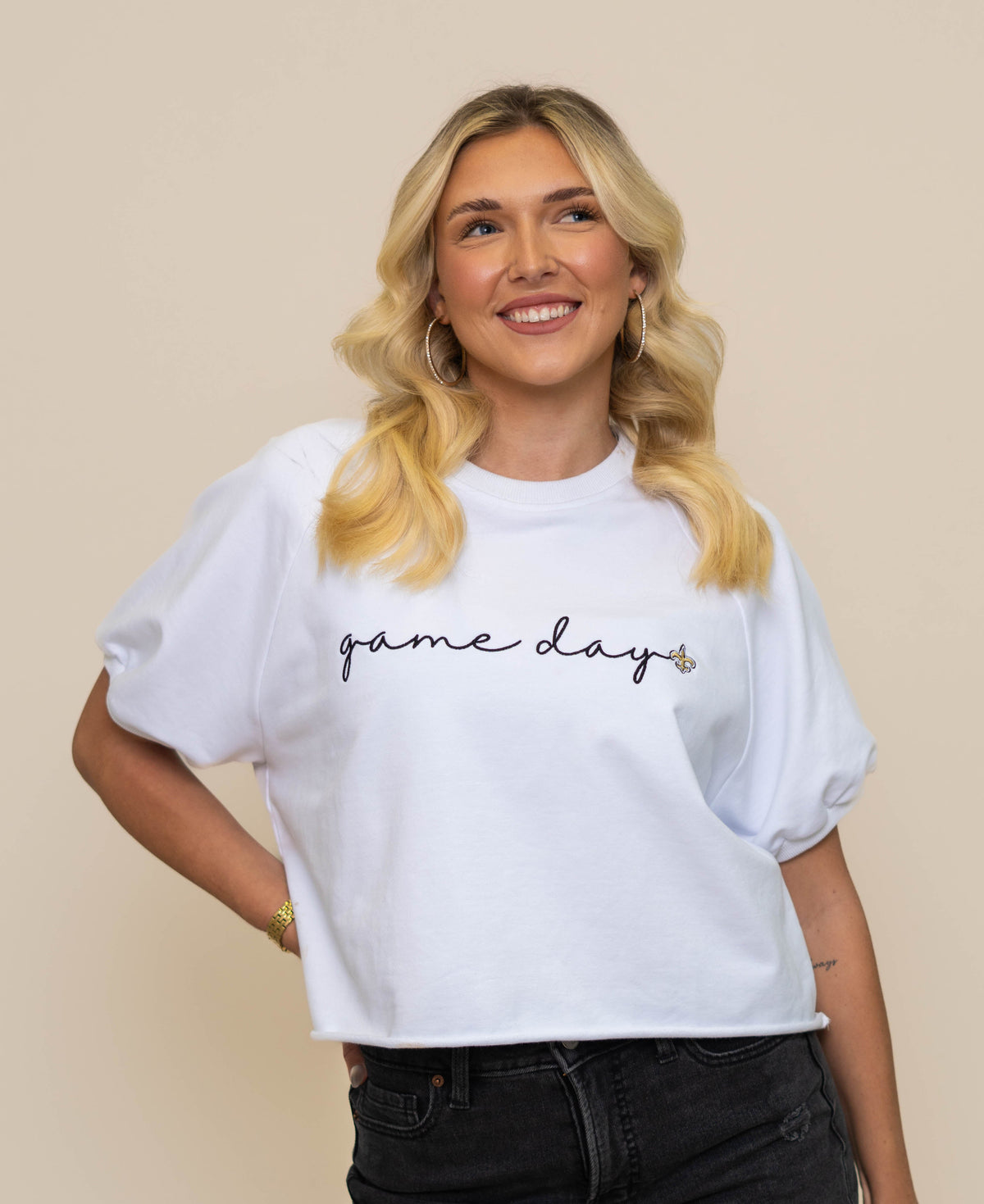 New Orleans Saints (Licensed) | Game Day Fleur De Lis | Women's Embroidered Top (White)