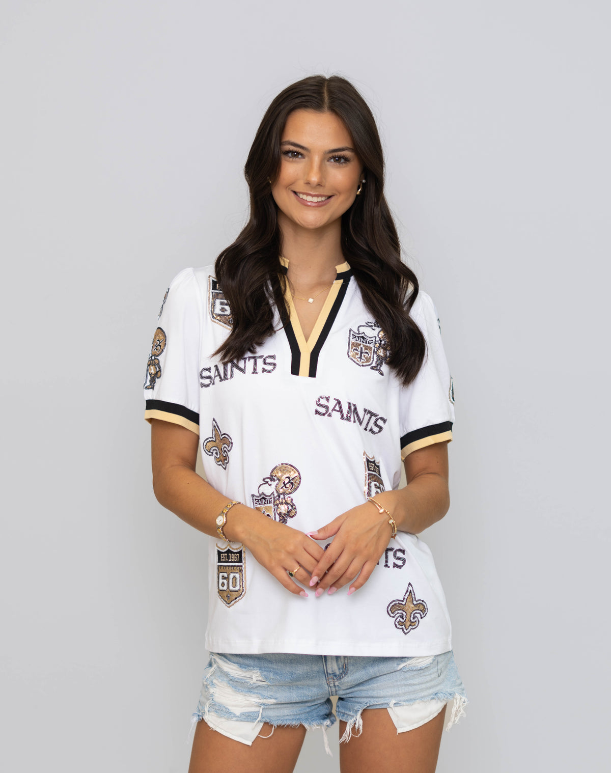 New Orleans Saints (Licensed) | Multi Logo | Women's Sequin Design Puff Sleeve (White)