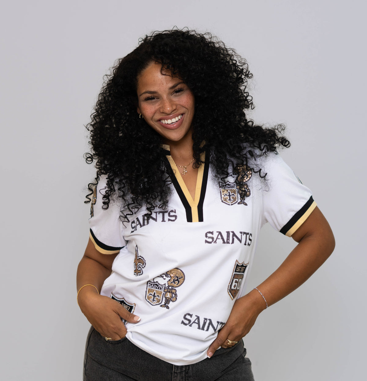 New Orleans Saints (Licensed) | Multi Logo | Women's Sequin Design Puff Sleeve (White)