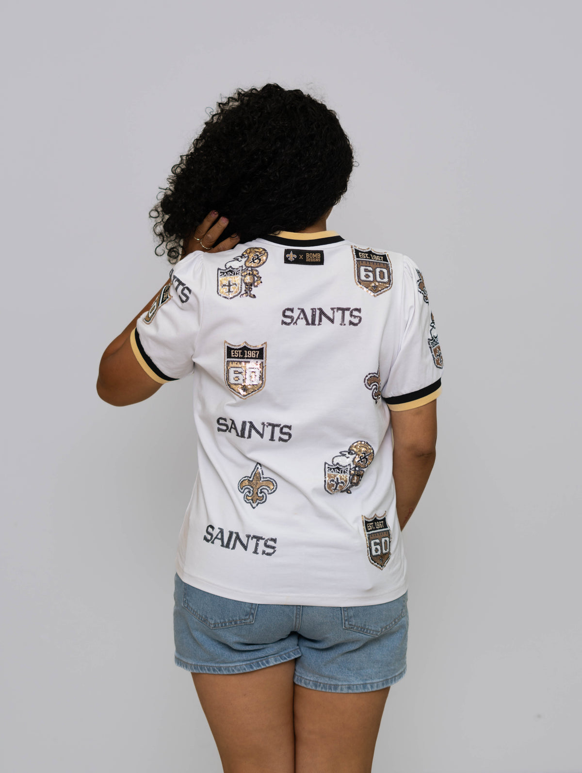 New Orleans Saints (Licensed) | Multi Logo | Women's Sequin Design Puff Sleeve (White)