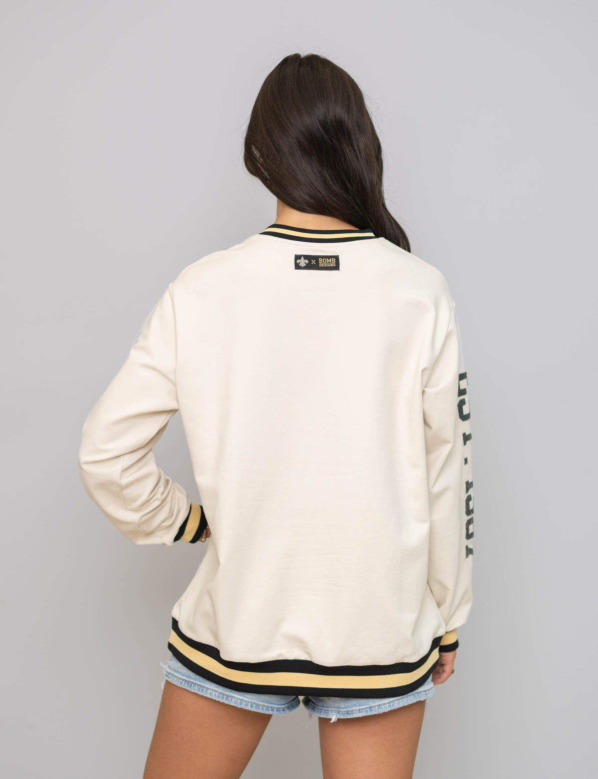 New Orleans Saints (Licensed) | Est. 1967 | Women's Sequin Design Varsity Striped Pullover (Cream)