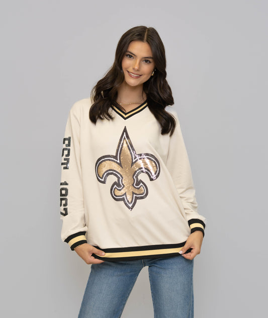 New Orleans Saints (Licensed) | Est. 1967 | Women's Sequin Design Varsity Striped Pullover (Cream)