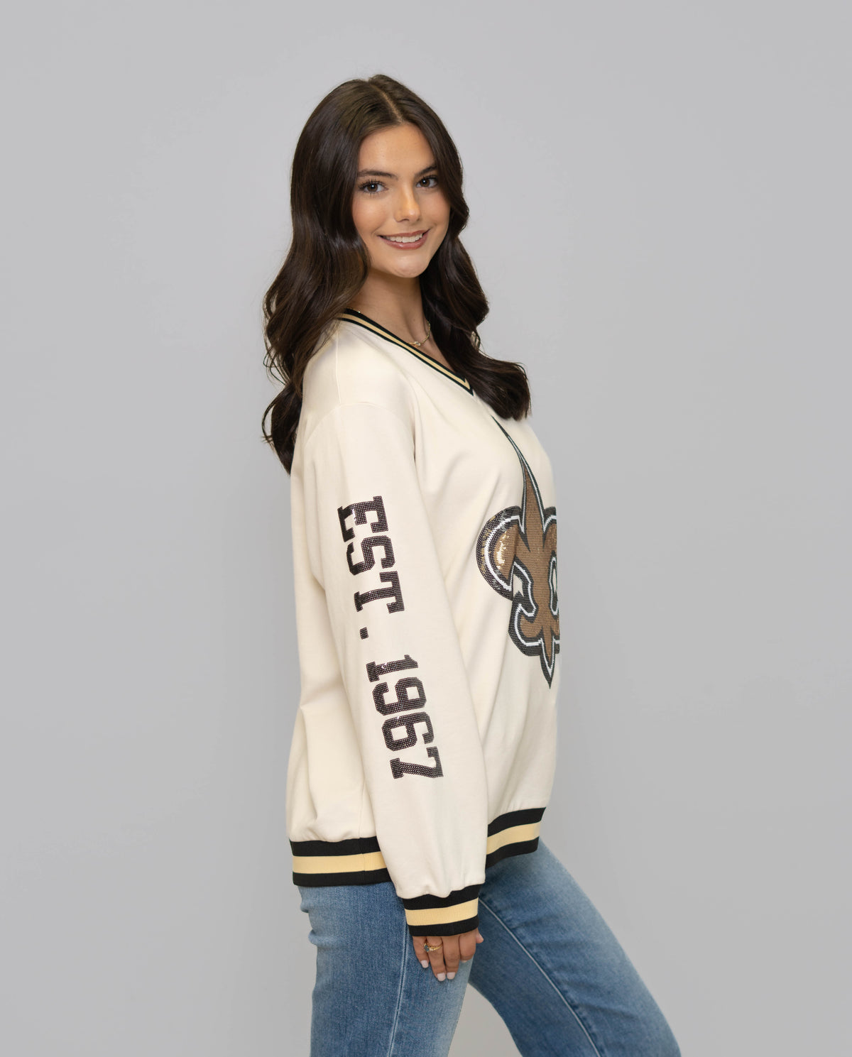 New Orleans Saints (Licensed) | Est. 1967 | Women's Sequin Design Varsity Striped Pullover (Cream)