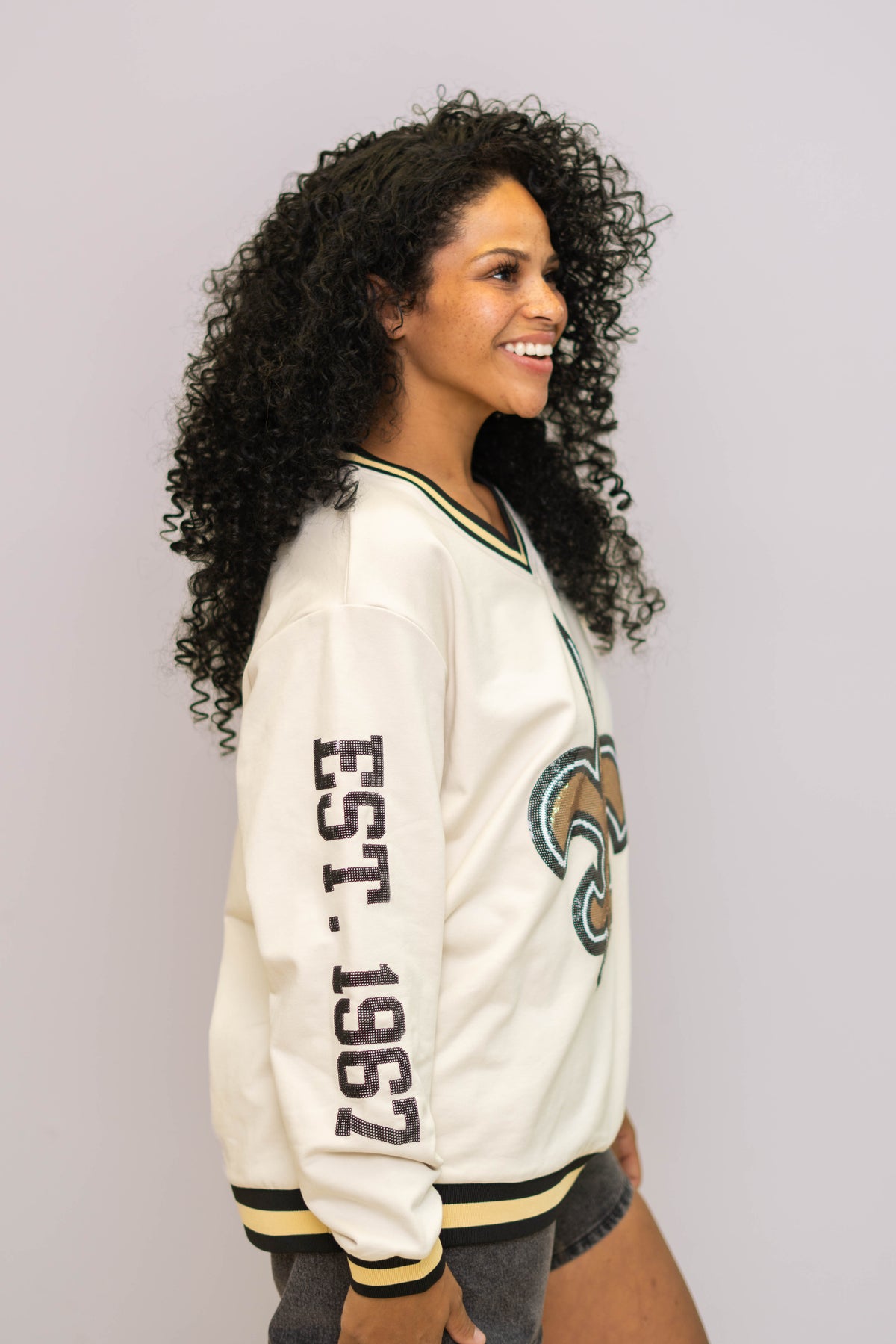 New Orleans Saints (Licensed) | Est. 1967 | Women's Sequin Design Varsity Striped Pullover (Cream)