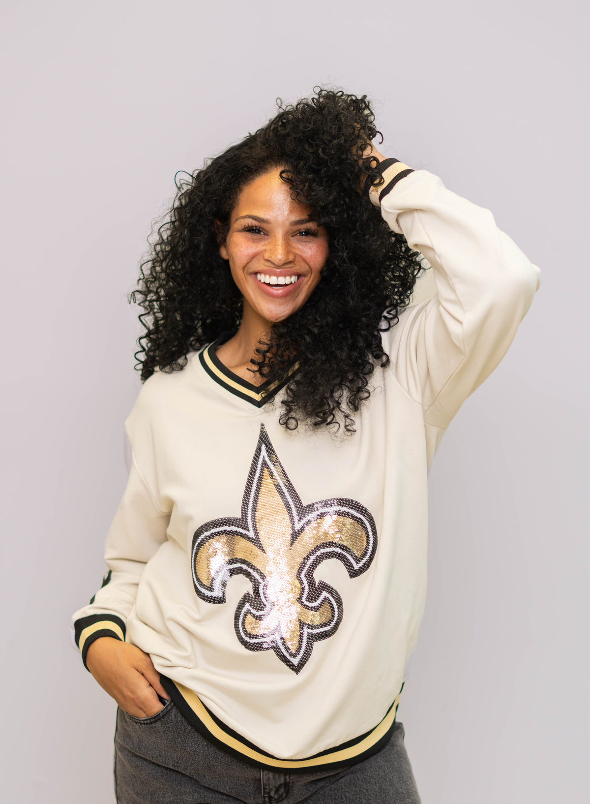 New Orleans Saints (Licensed) | Est. 1967 | Women's Sequin Design Varsity Striped Pullover (Cream)