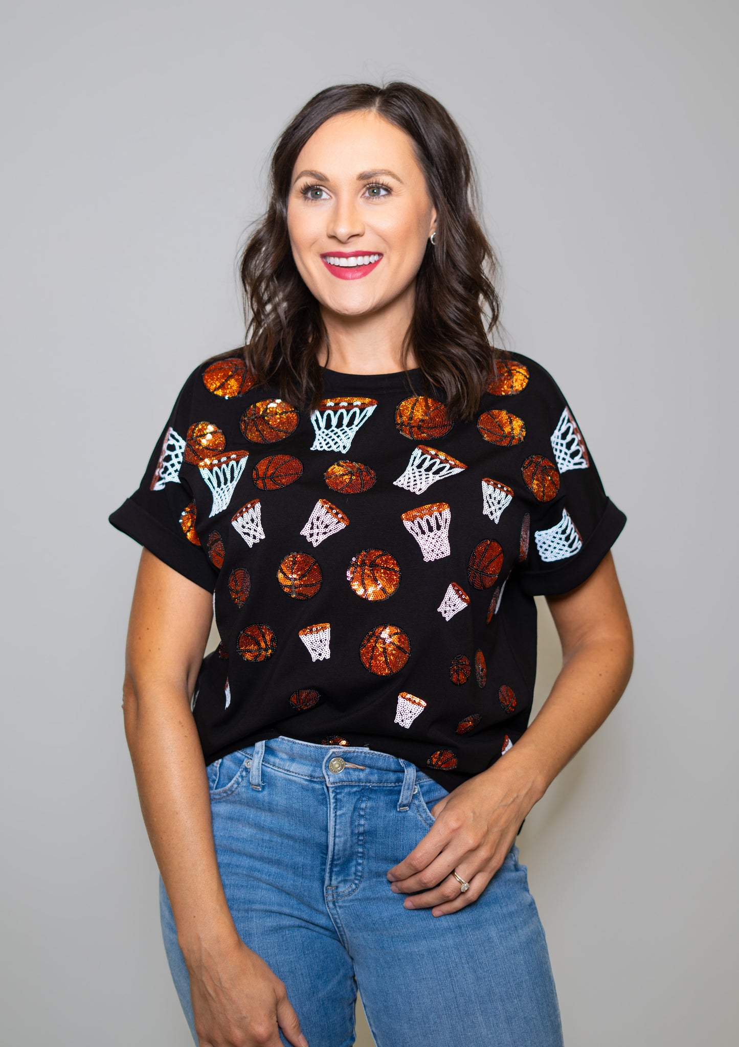 Wholesale | Scattered Basketball | Women's Sequin Design Cuff Sleeve (Black)