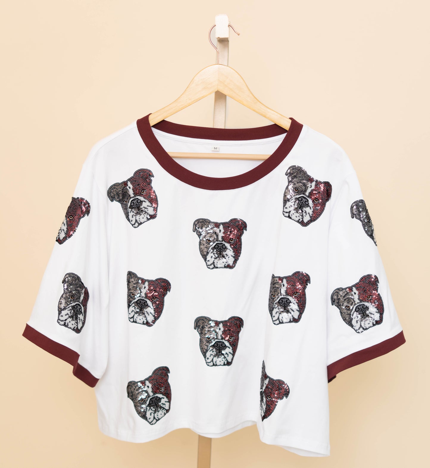 Scattered Maroon Bulldogs | Women's Oversized Scattered Crop Tee (White)