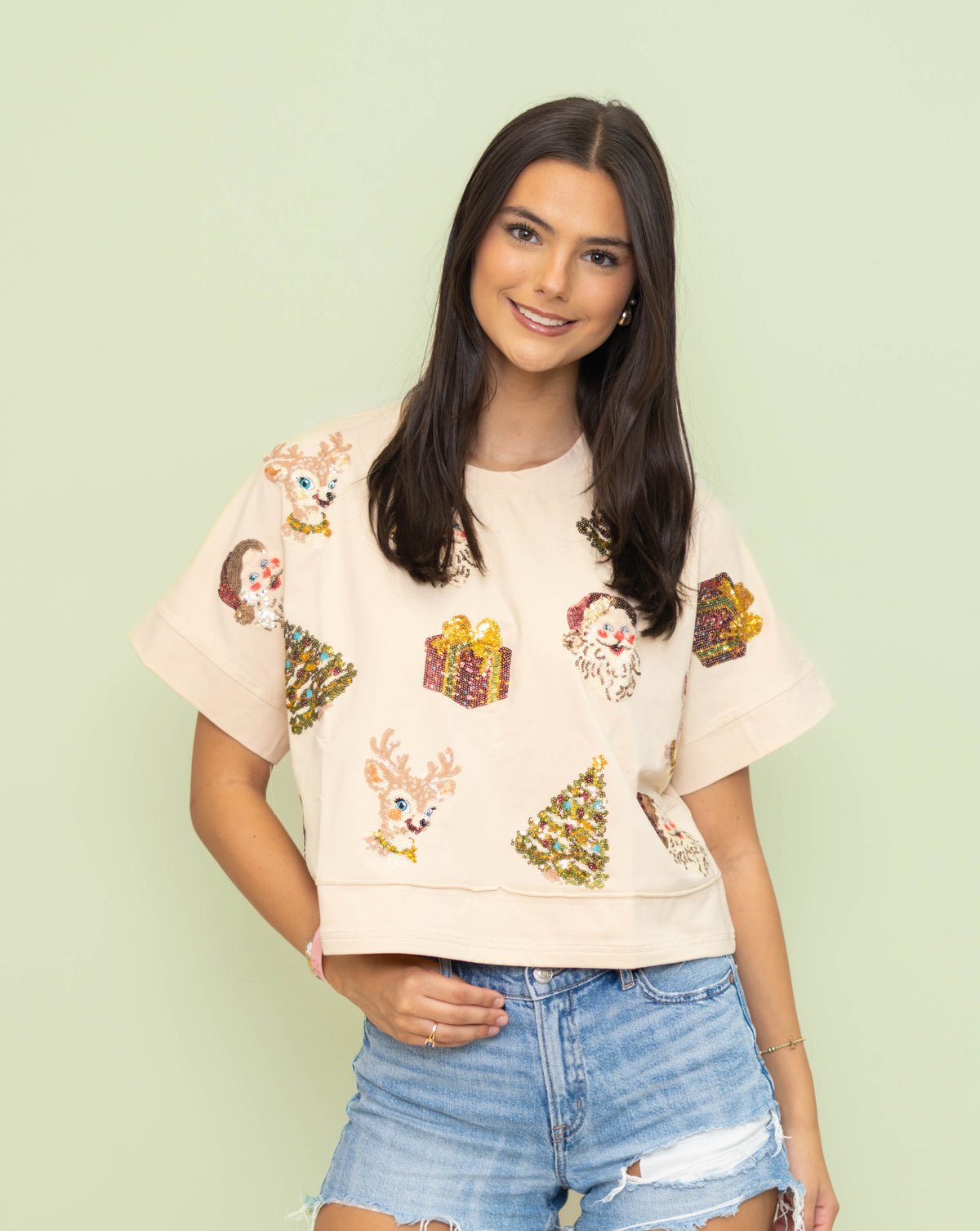 **PRE-ORDER ONLY** Wholesale | Vintage Christmas | Sequin Exposed Seam Crop (Cream)