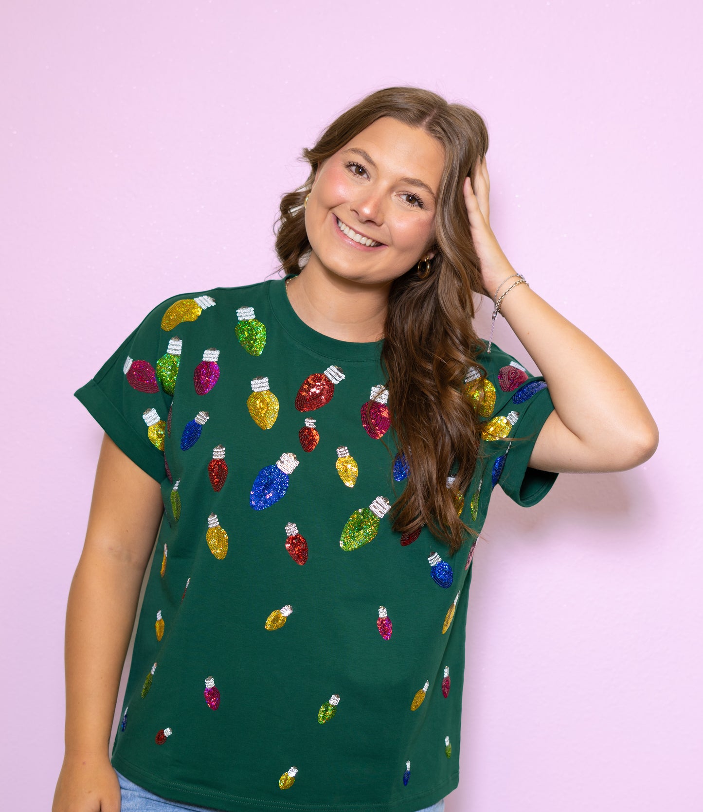 **PRE-ORDER ONLY** Scattered Christmas Lights | Women's Sequin Design Cuff Sleeve Tee (Green)