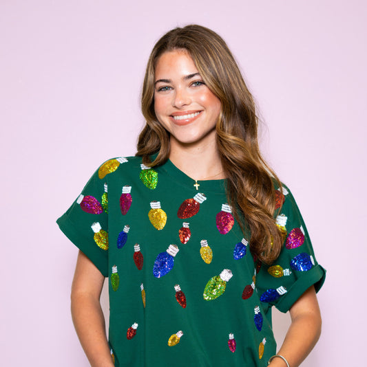 **PRE-ORDER ONLY** Scattered Christmas Lights | Women's Sequin Design Cuff Sleeve Tee (Green)